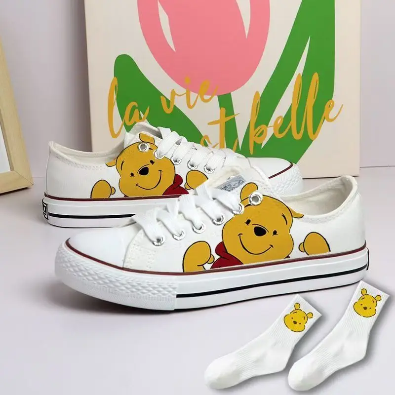 Mickey Canvas Shoes Kawaii Winnie Sport Shoes Disney Mickey Basket Shoes Kids Casual Sneakers Couple Tennis Shoes Size 35-44