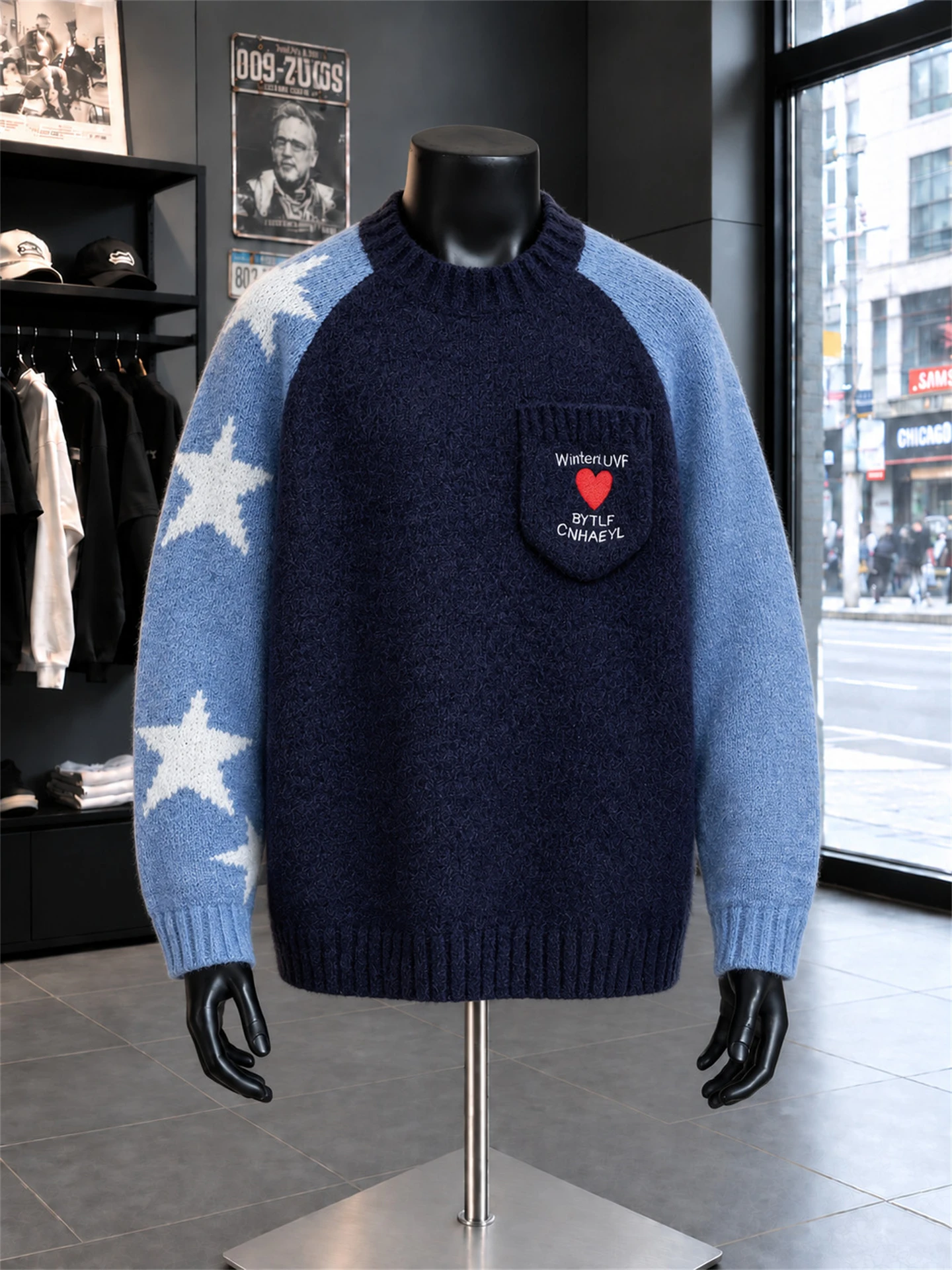 Blue Lazy Vintage Men's Knitted Sweater Loose Shoulder Sleeve round Neck Autumn Winter American Style Color Block Design Casu...