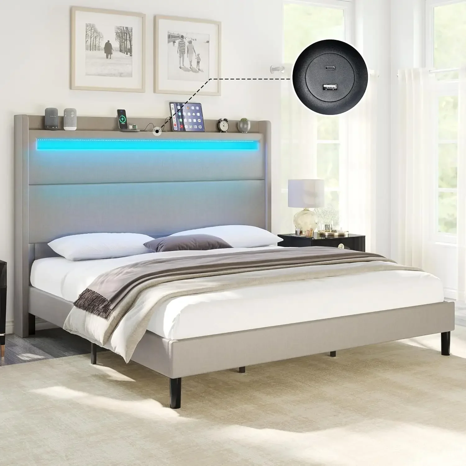 King Bed Frame with LED Lights & Wingback Headboard, Upholstered Platform Bed with USB & USB-C Ports