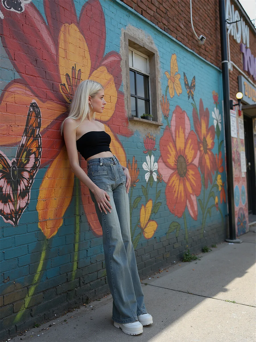 Flare Slim Skinny Floor Jeans Damen Patchwork Hohe Taille Ausgestelltes Bein Plissee Baggy Gestickte Passform Vintage Pocket Chic