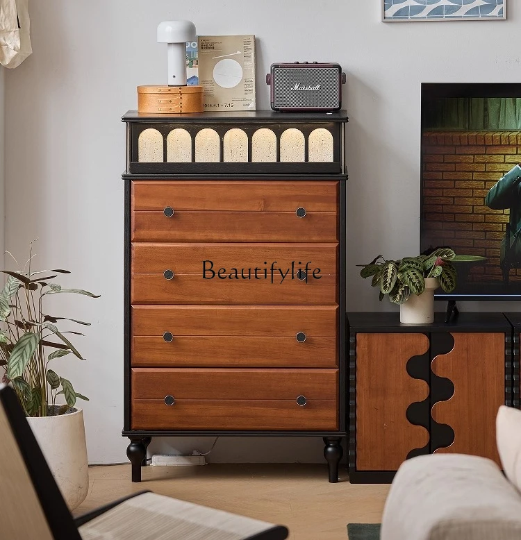 

-French retro solid wood medium and ancient style chest of drawers against the wall and bedside storage cabinet
