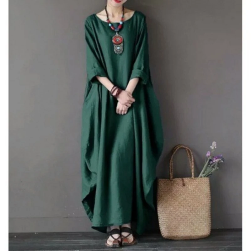 المرأة الصيف رقيقة القطن الكتان فستان فضفاض الأدبية بوهو كم طويل 2025 فستان سيدة بلون رداء خمر قفطان