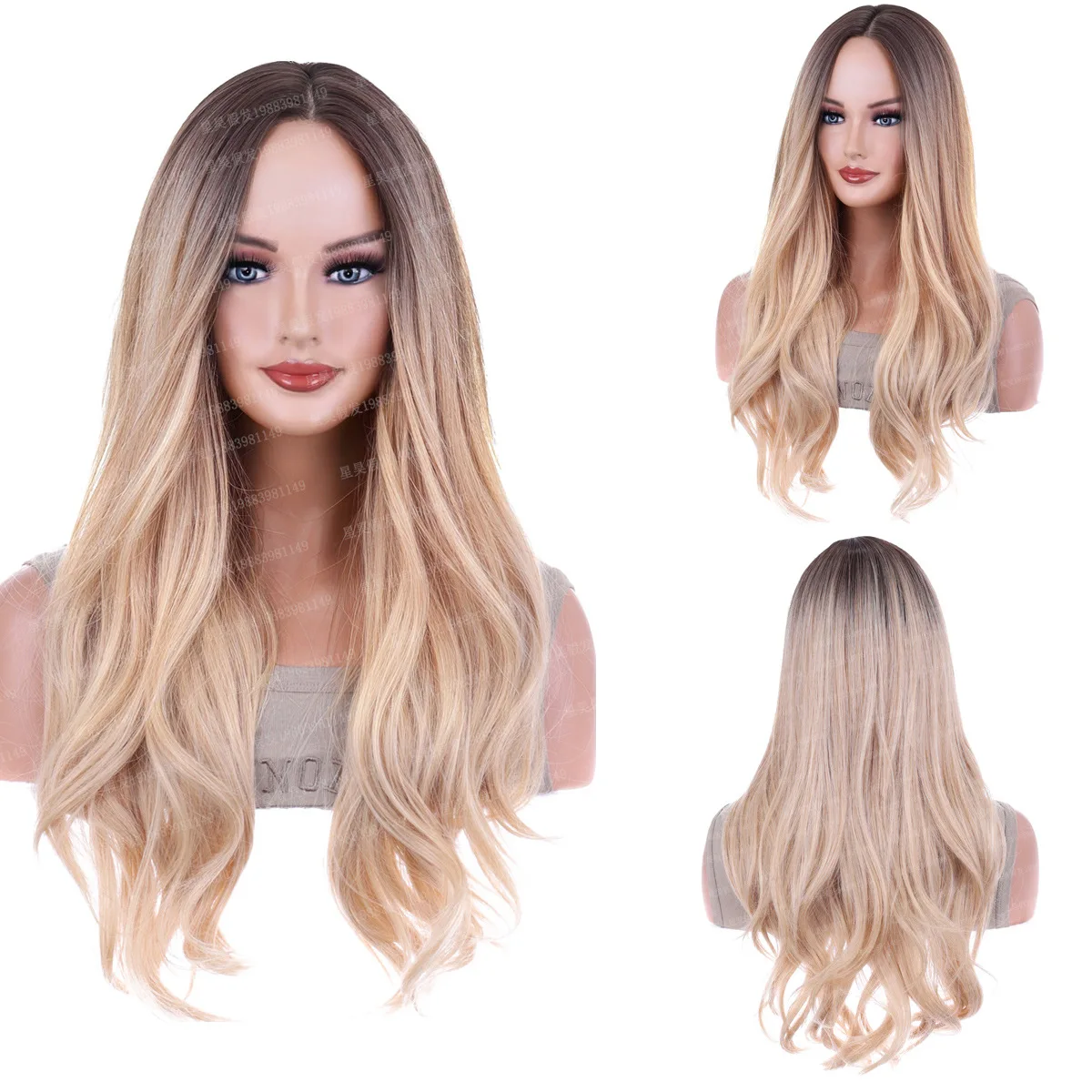 

Fashion women's European and American wigs Long curly hair Rose mesh Dyed gold false headgear