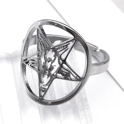 Satan Demon Goat Pentagram Rings for Women Men Stainless Steel Silver Color Lucifer Adjustable Ring Jewelry anillos RS06