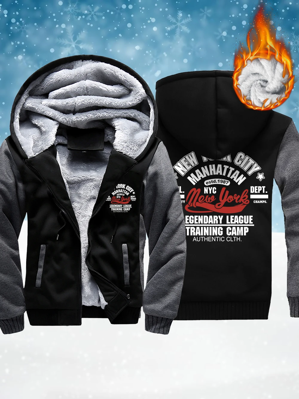 

New York City Authentic Printing Mens Zipper Coats Winter Fleece Warm Thicken Jackets Windproof Thermal Outerwear Men'S Tops