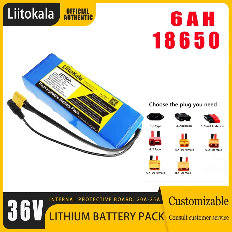 LiitoKala 36V6AhElectric Bike Battery Built in 20A BMS Lithium Battery Pack 36 Volt with 2A Charge Ebike Battery