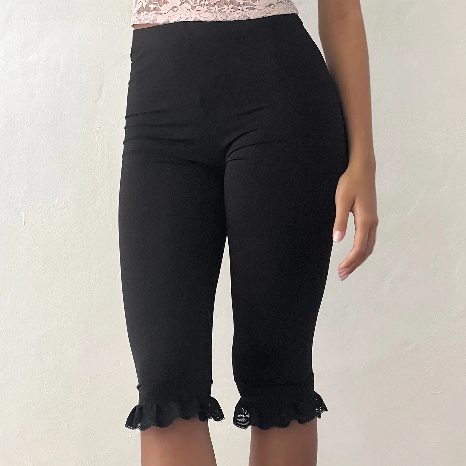 Damskie spodnie capri w jednolitym kolorze, z wysokim stanem, koronkowym wykończeniem, letnie, codzienne spodnie 3/4, elastyczne legginsy crop.