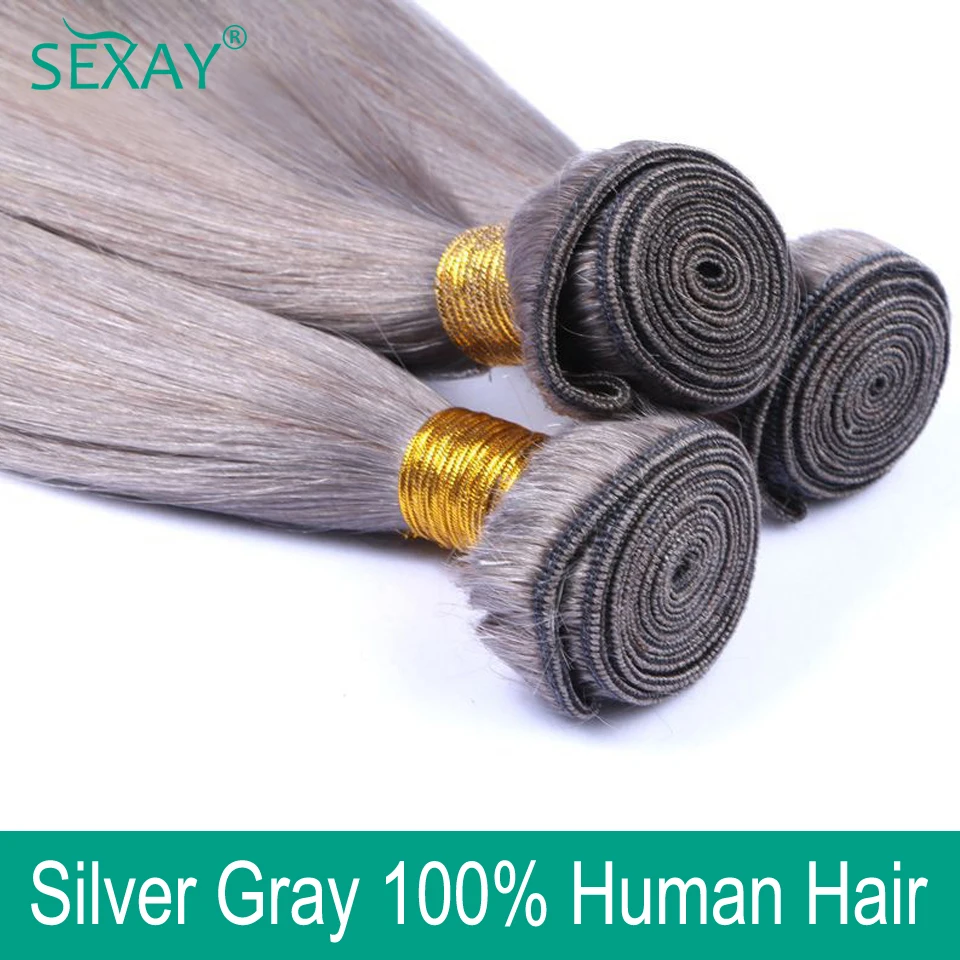 Extensiones de cabello humano Remy, mechones de cabello liso brasileño, color gris plateado, 10-28 pulgadas, 1/3 piezas