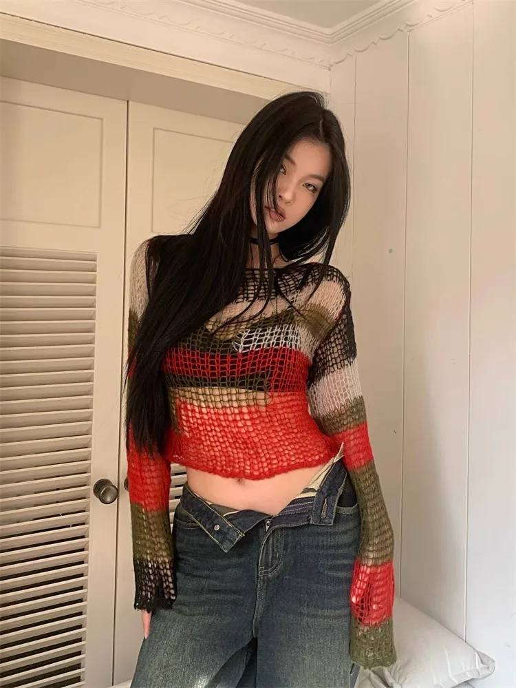 American Style Hollowed Out Knitted Sweater 2024 New Backless Loose Pullovers Y2k E-Girl Long Sleeve Striped Tops Women