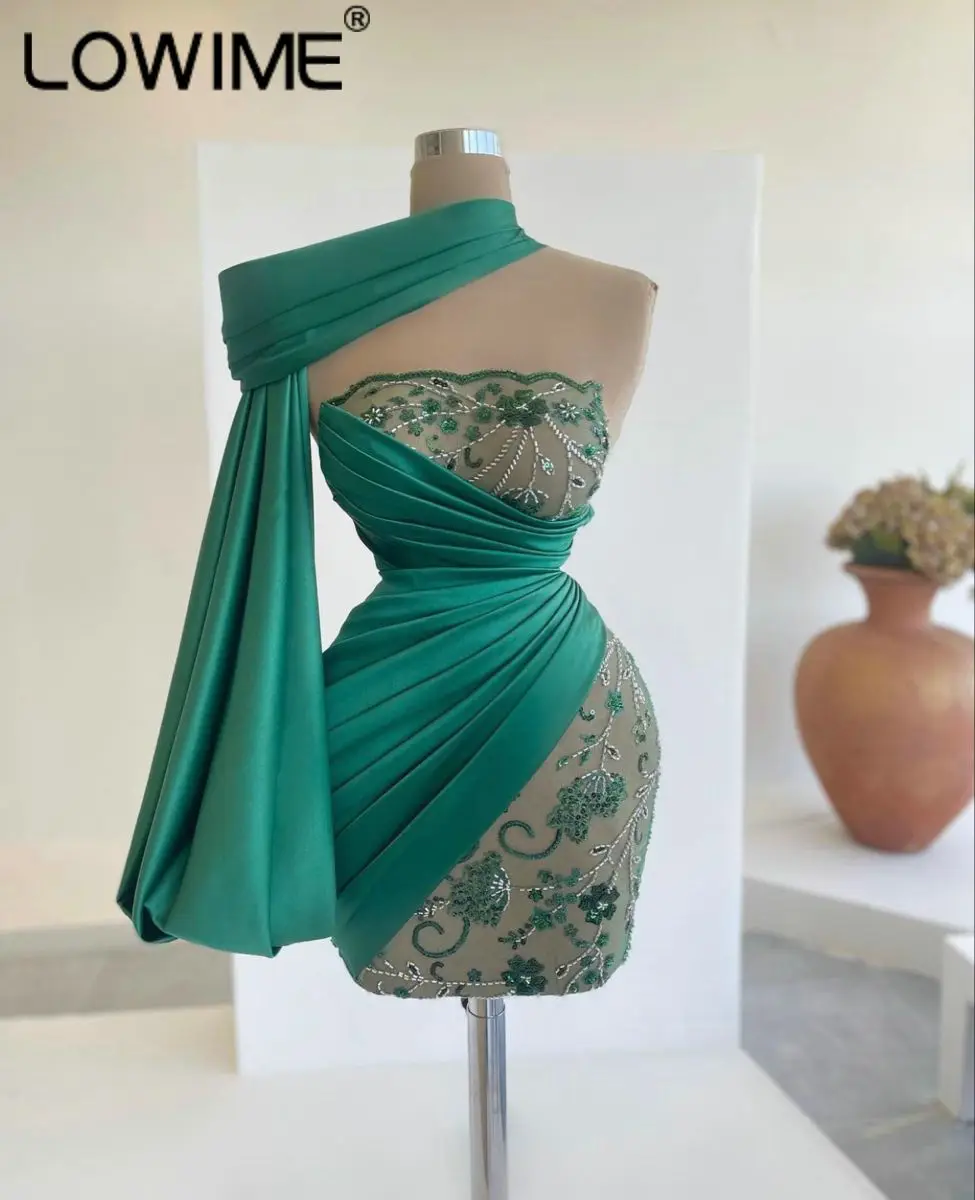 Green One Shoulder Short Prom Girl Dresses Sexy Illusion Mermaid Sparkly Party Gowns Pretty Award Show Dress