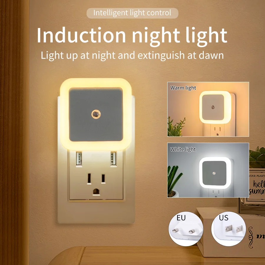 

LED Nightlight With Light Sensor Square US/EU Plug-in Wall Lamp Cabinet Light For Bedroom Bathroom Kitchen Stairs Closet Hallway