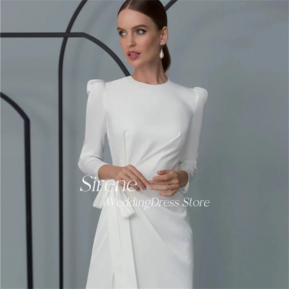 Abito da sposa personalizzato con lacci a tre quarti con o-collo Elegante abito da sposa con spacco laterale a pieghe a trapezio Vestido De Noiva