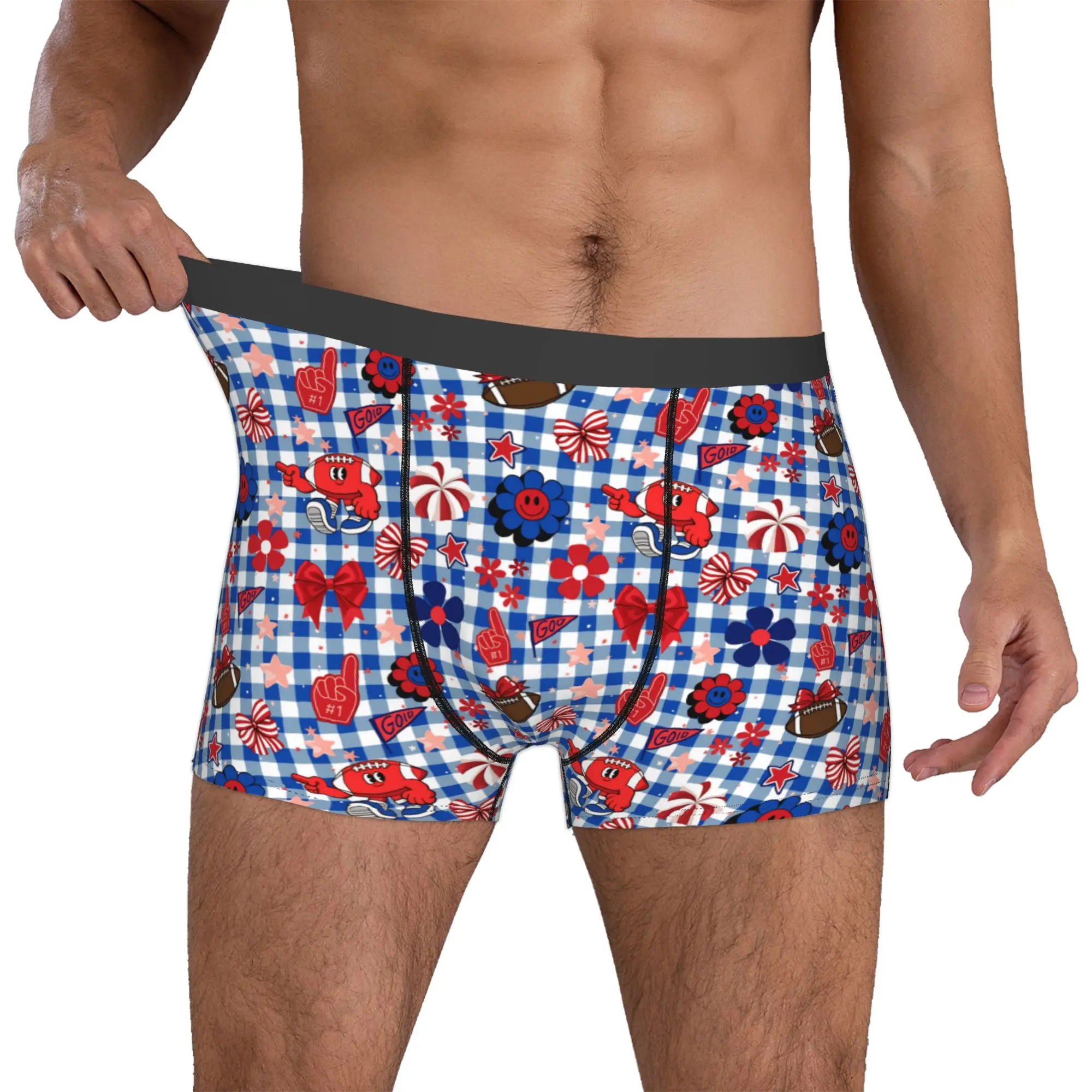 Fashion Gingham Plaid Rugby Union Cheer Bows Football  Boxers Shorts Panties Men's Underpants Comfortable  Briefs Underwear