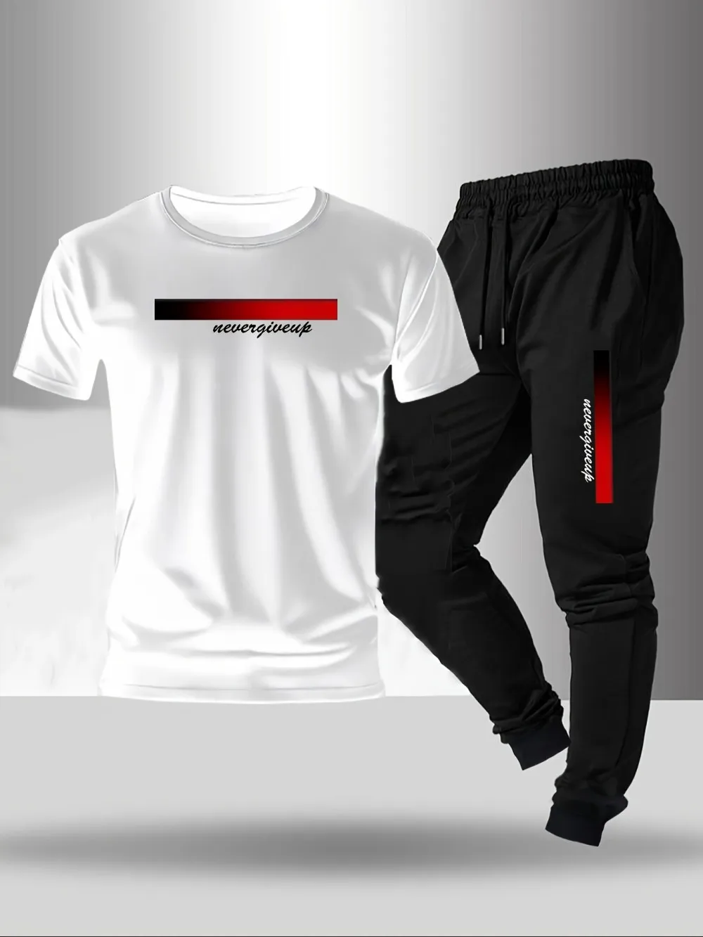 New men's fashionable letter gradient printed breathable T-shirt and drawstring pants set suitable for outdoor casual wear