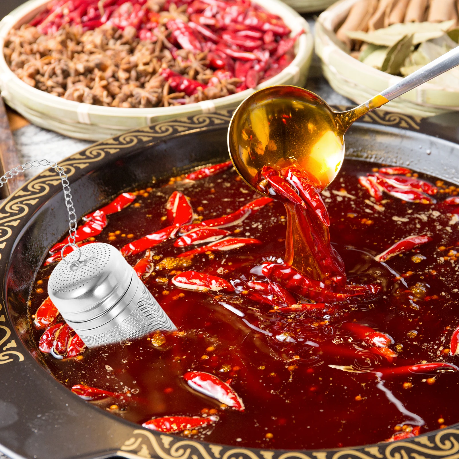 

Stainless Steel Infuser Fine Mesh Ball Hot Pot Seasoning Strainer Kitchen Spice Mesh Ball Reusable Dregs Basket Filter Cooking