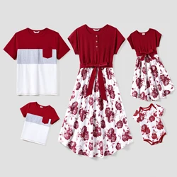 PatPat Family Matching Color Block Tee and Button Belted Spliced A-Line Dress Sets