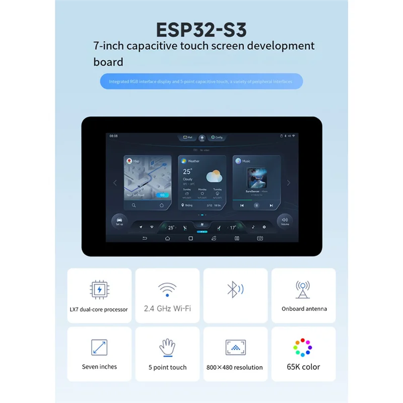 

Waveshare 7-дюймовый емкостный сенсорный дисплей, макетная плата ESP32-S3 800X480, поддержка Wi-Fi и BLE 5 с сенсорной антенной