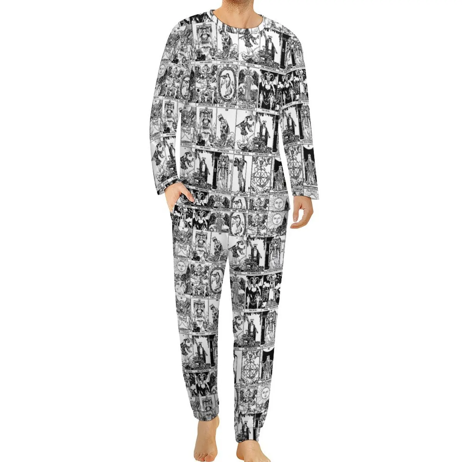 Black And White Tarot Pajamas Daily Two Piece Major Arcana Cute Pajama Sets Men Long Sleeve Sleep Nightwear Big Size 4XL 5XL