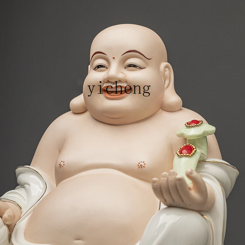 FY Ceramic Maitreya Buddha Laughing Buddha Statue Wealth-Attracting Home Worship Maitreya Ornament