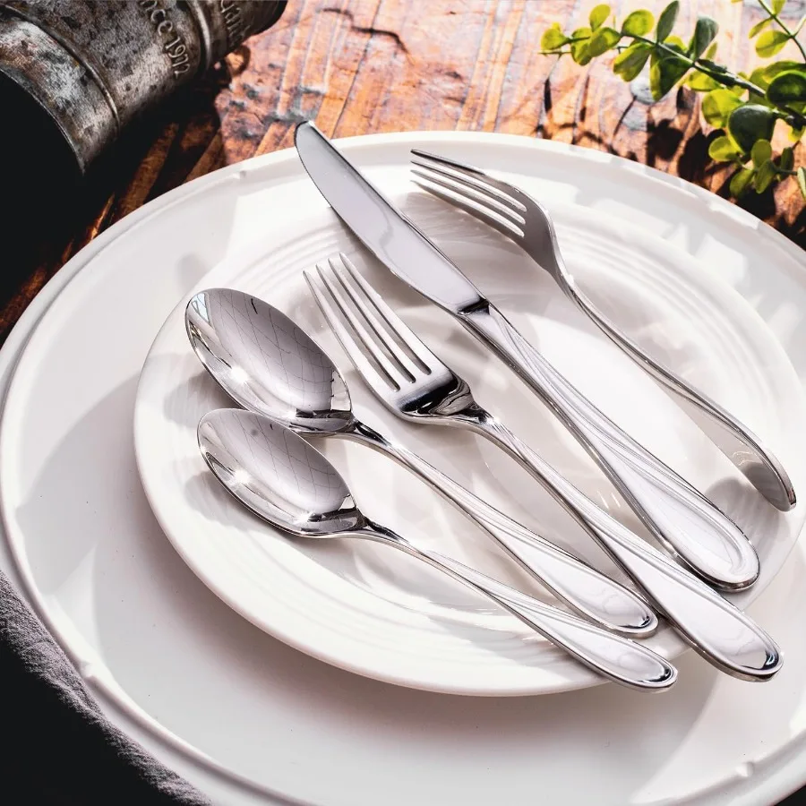 Set Peralatan Makan Wave Design Silverware untuk 4 Orang, 20 Buah, Set Peralatan Makan Artistik dari Baja Anti Karat dengan Pola Fibonacci, Berkualitas Tinggi, Permukaan Cermin