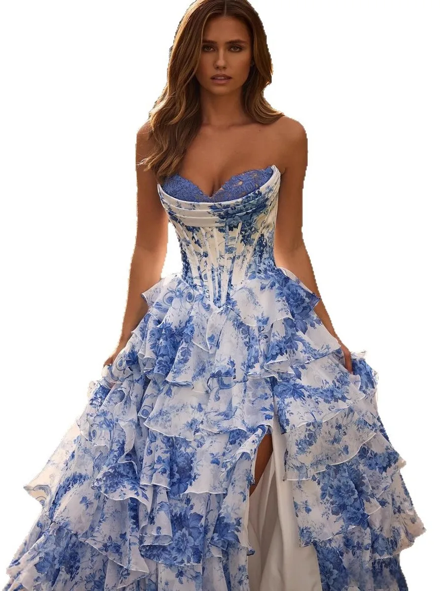 Sexy impressão envoltório peito dr longa praia vaion cintura feminina dentro em camadas bolo saia verão longo dr fibra de poliéster