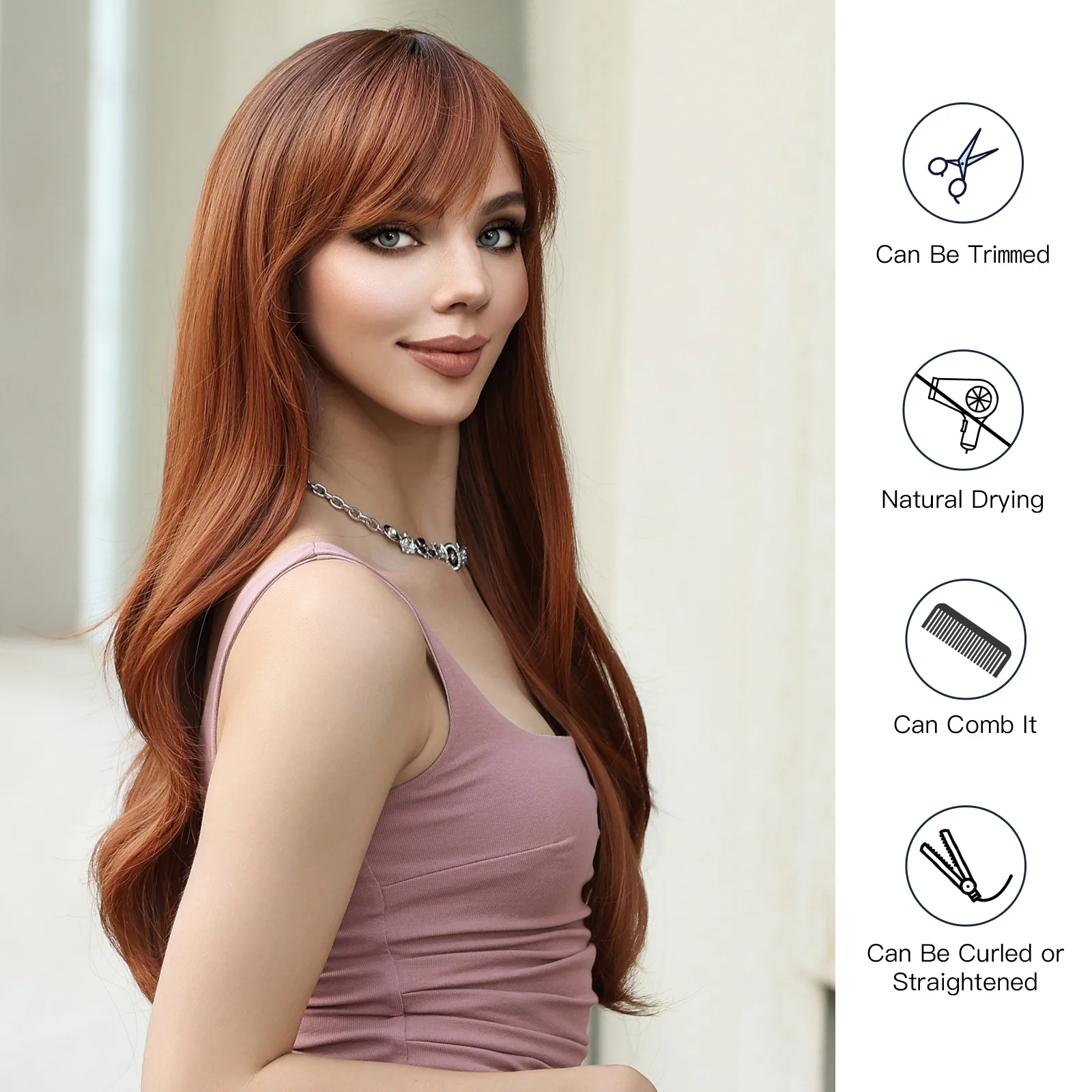 Red Brown Long Straight Synthetic Wigs with Bangs for Black Women Natural Hair Cosplay Party Daily Wig Heat Resistant Fibre