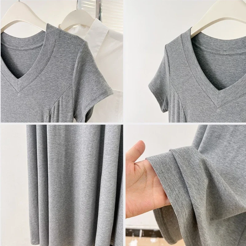 Zjaiss 2025 nouvelle taille cintrée mi-longue noir Style Hepburn robe automne nouveau Modal col en v robe à manches courtes