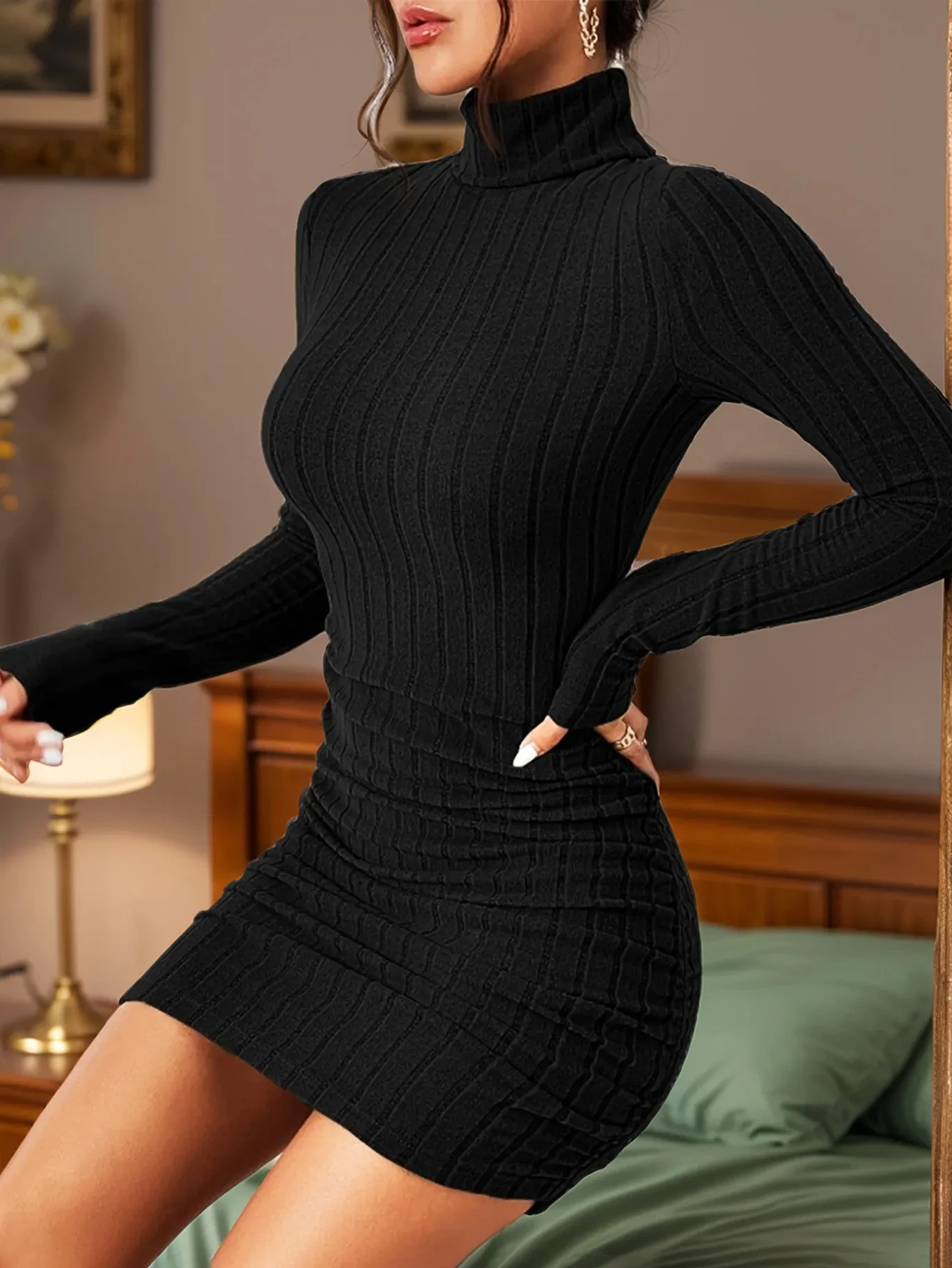 Damen Rollkragen-Rippstrick-Bodycon-Minikleid – Detail 5