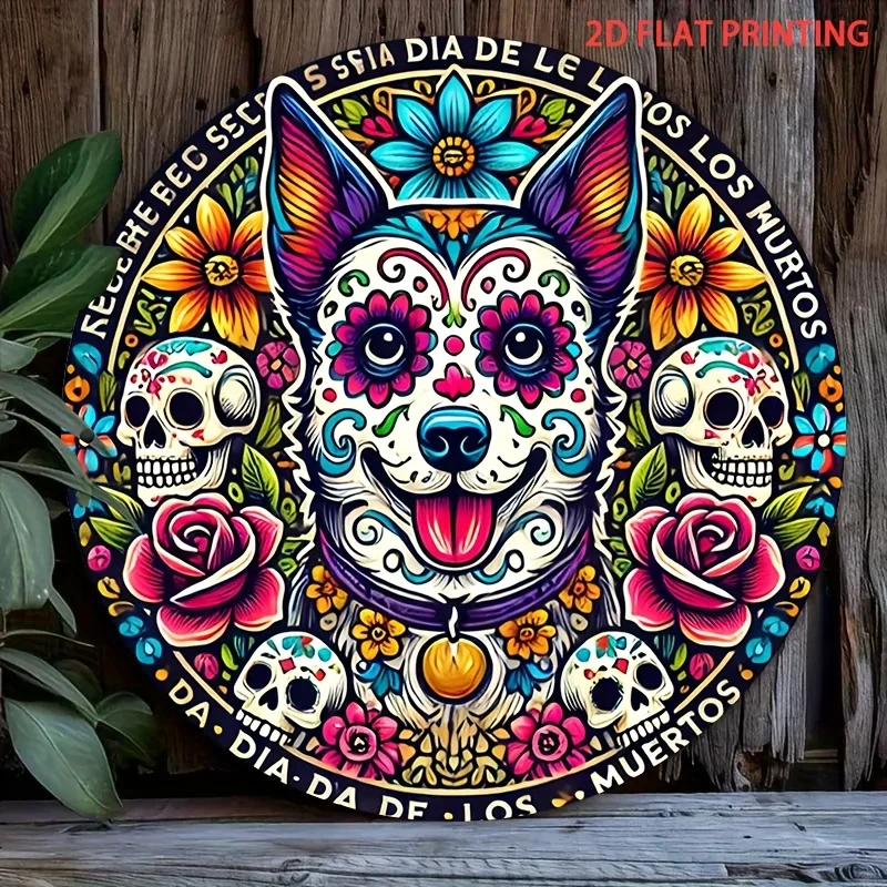 قطعة واحدة مسطحة ثنائية الأبعاد من علامة خشبية دائرية فنية للاحتفال بعيد الكلب الميت - مثالية لتزيين يوم الموتى