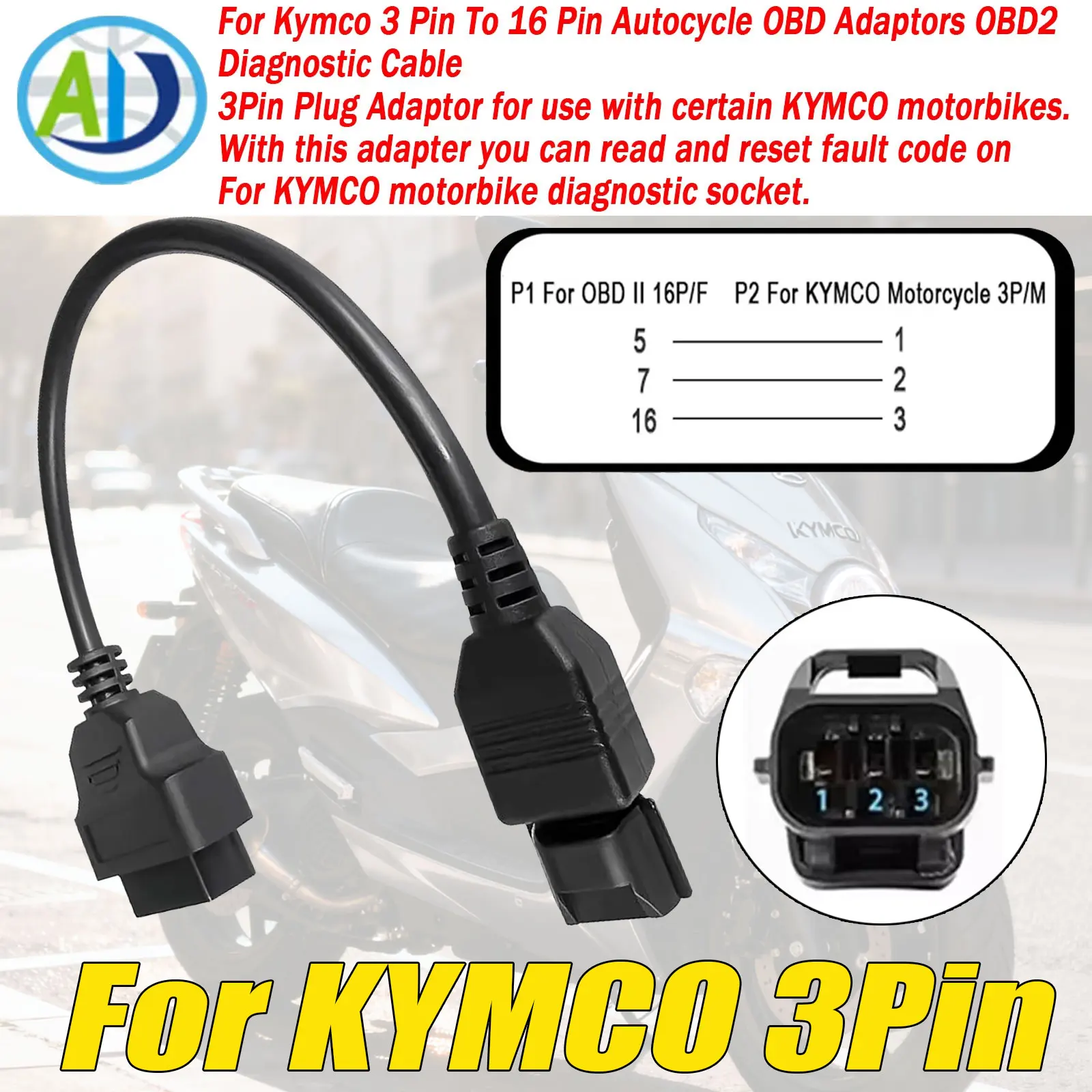 Obd2 Adapter Kabel Voor Kymco 3Pin Motorfiets Diagnostische Connector Obd2 Diagnostische Adapter Kabel 3Pin Motor Connector Kabel