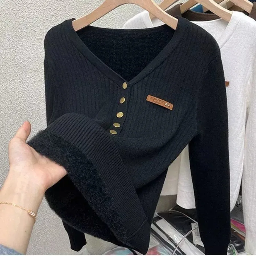 Mink One Piece Plush Plus Plush Thickened Sweater Knitted Bottom Top Women's Inner Layer Winter Fashionable Slim Fit V-neck Top