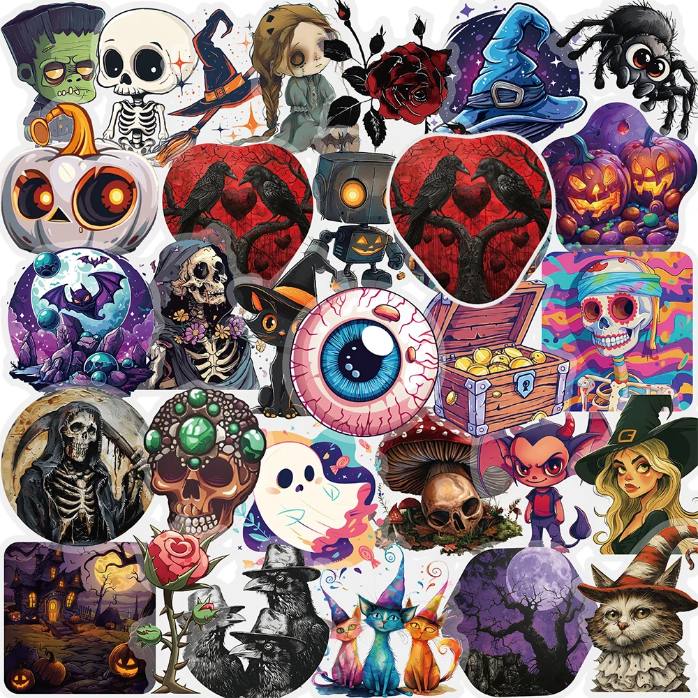 

10/30/50pcs Transparent Cartoon Halloween Stickers Witch Skull Graffiti Decals Skateboard Laptop Phone Bike Creative Sticker Toy