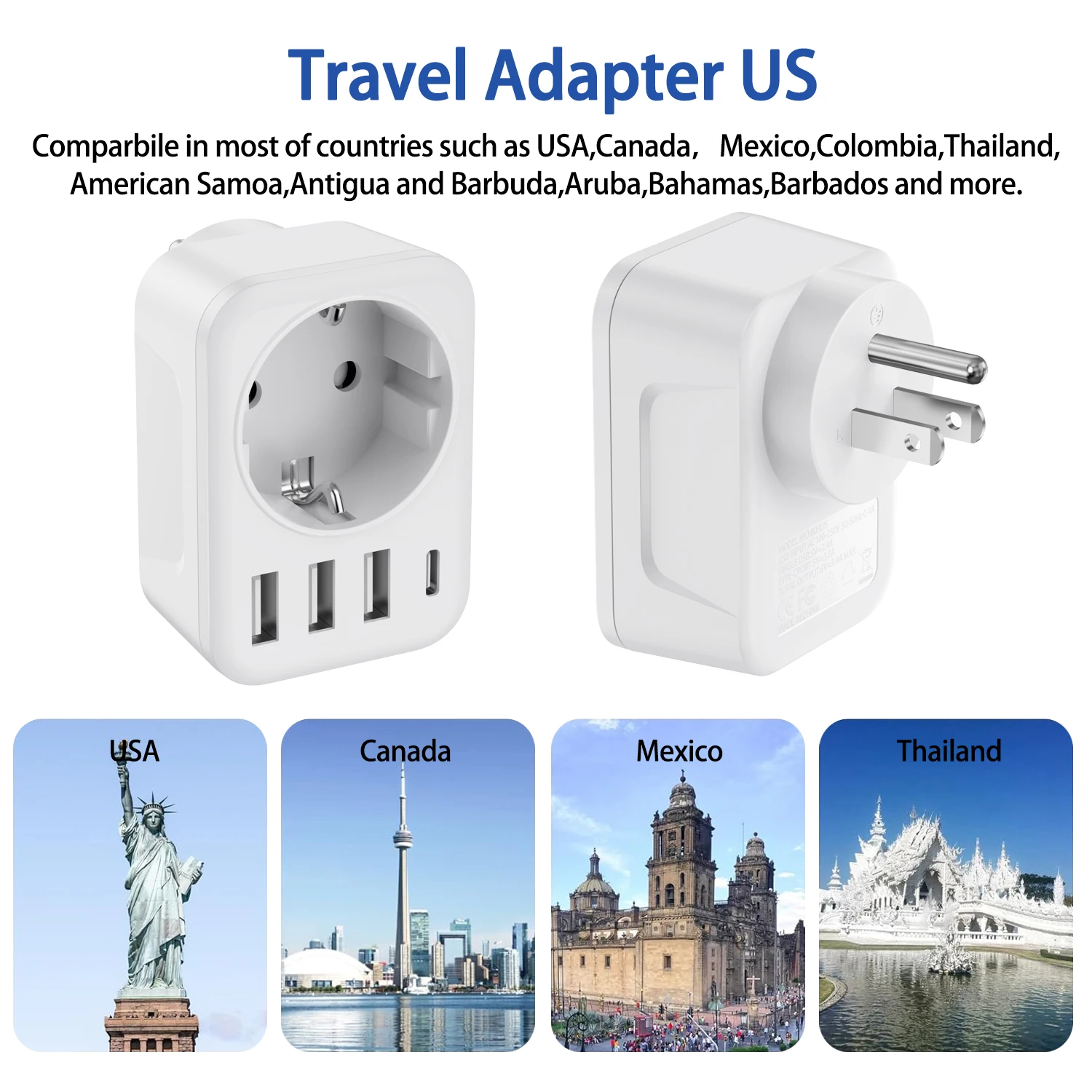 HITRENDS EU to US Plug Travel Adapter Wall Outlet Power Adapter with 3 USB 1Type-C Ports 3750W 100-250V 15A For Canada Mexico