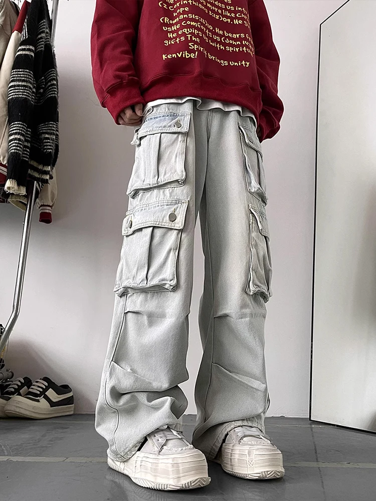 

Cleanfit Men's Autumn Winter Denim Jeans Multiple Pockets Workwear Straight Leg Long Pants Fashionable Street Style Durable