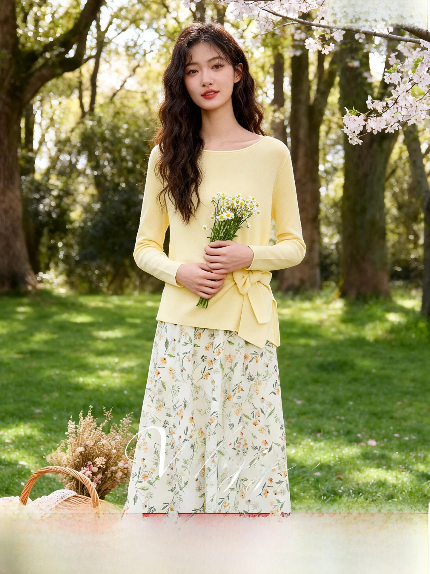 

Unique Beautiful Casual Floral Waist-Cinching T-shirt And Skirt Set Women's Fashion High Waist A-line Midi Dress Autumn Wear