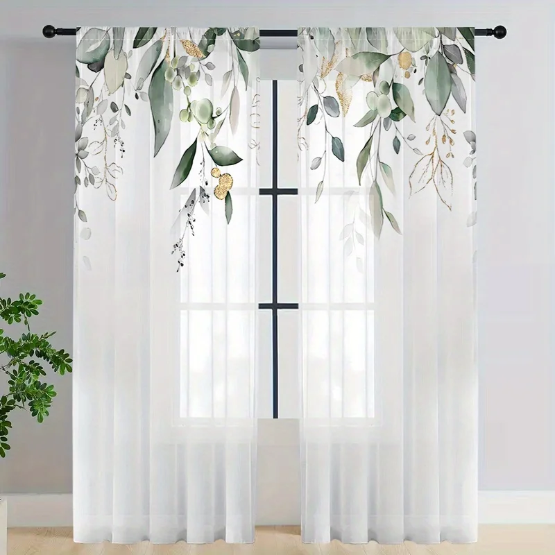 2PCS Luxury Sheer Curtains, Eucalyptus Gold Branch, Digital Print, Bedroom Living Room, Rod Pocket Polyester, Home Decor