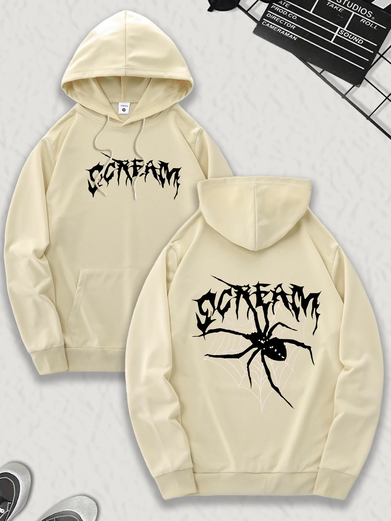 

Men's Trendy Hooded Sweatshirt with Spider Web Graphic, Casual Drawstring Hoodie, Front Kangaroo Pocket, Edgy "EREAM" Print