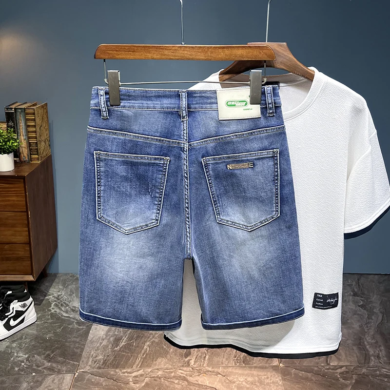 Slim Denim Shorts Men's Summer Light Blue Casual Knee-length Pants Male Jeans Embroidery Design Jorts Streetwear