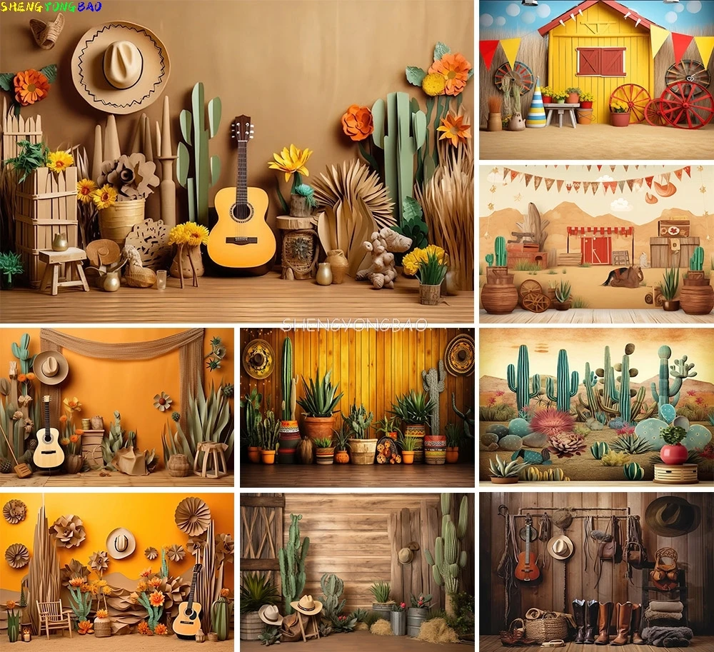 

Mexico Barn Anniversary Smash Cake Photography Backdrops Ideal For Photo Studio Cactus Cowboy Boots Easter Day Background NZ-01