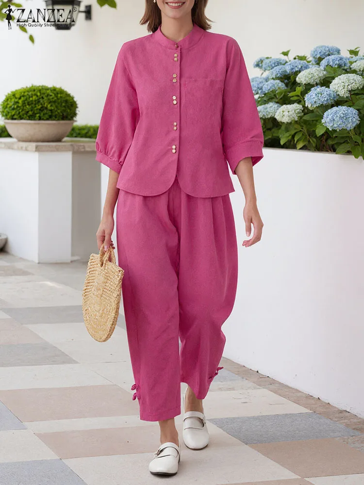 

ZANZEA, осенние комплекты брюк, 2021, женские винтажные рубашки с рукавом 3/4, свободные костюмы с эластичной резинкой на талии, однотонные модные повседневные свободные одинаковые комплекты