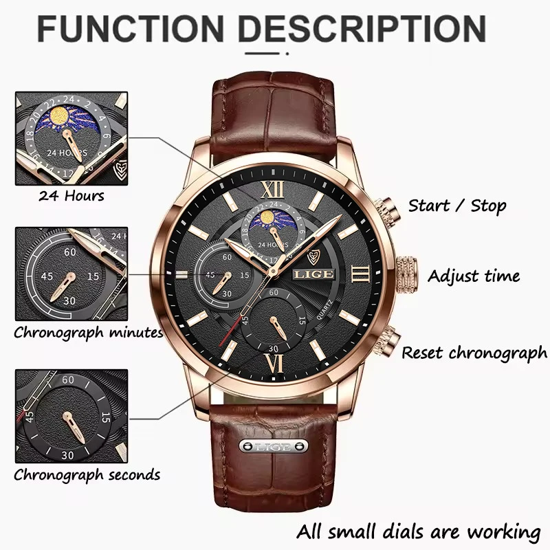 Relojes para hombre LIGE, reloj de pulsera de lujo para hombre, reloj de cuarzo de cuero para hombre, reloj deportivo resistente al agua para hombre, reloj Masculino