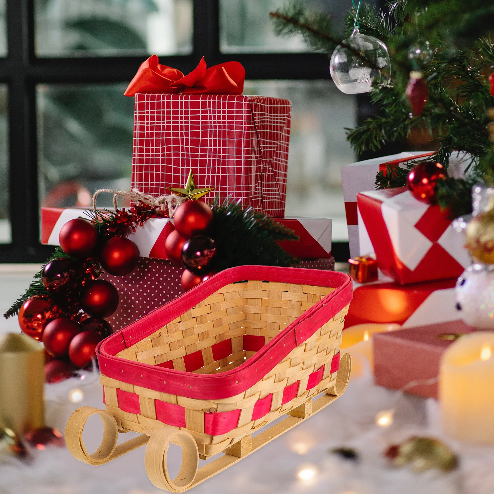 

Christmas Sleigh Decoration Bamboo Sleigh Ornament Tabletop Holiday Festival Decor Desktop Xmas Home Party Accessory