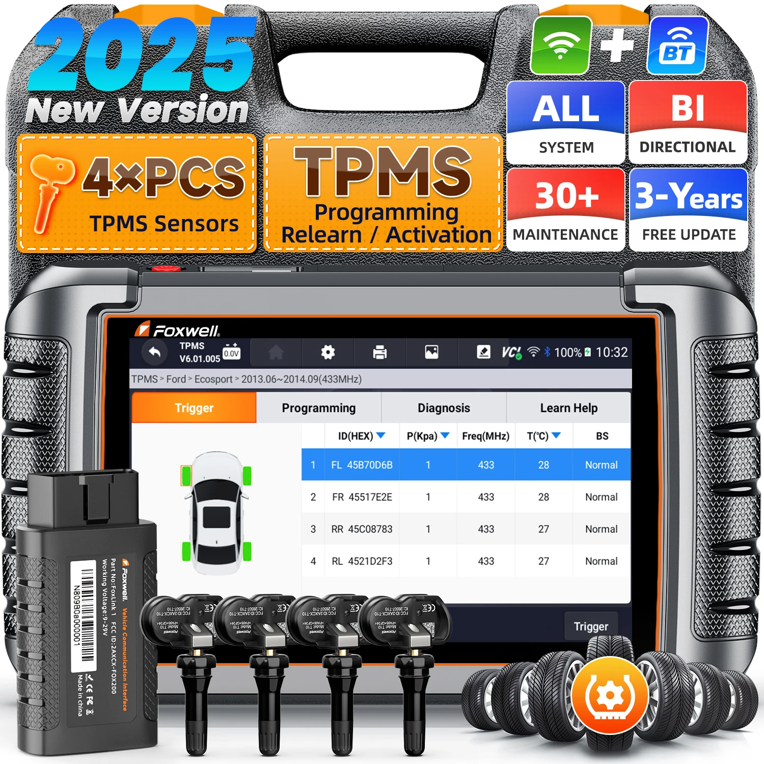Outil de programmation TPMS Foxwell NT809 TS, diagnostic de tous les systèmes, contrôle bidirectionnel, plus de 30 fonctions de réinitialisation, scanner automobile OBD2 Bluetooth