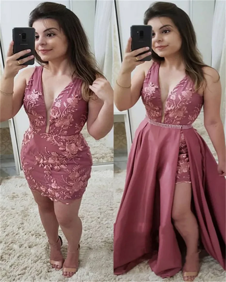 

2021 Two Pieces Detachable Train Evening Dress V Neck Lace Appliques Pearls Prom Gowns Short Girls Formal Party Dress