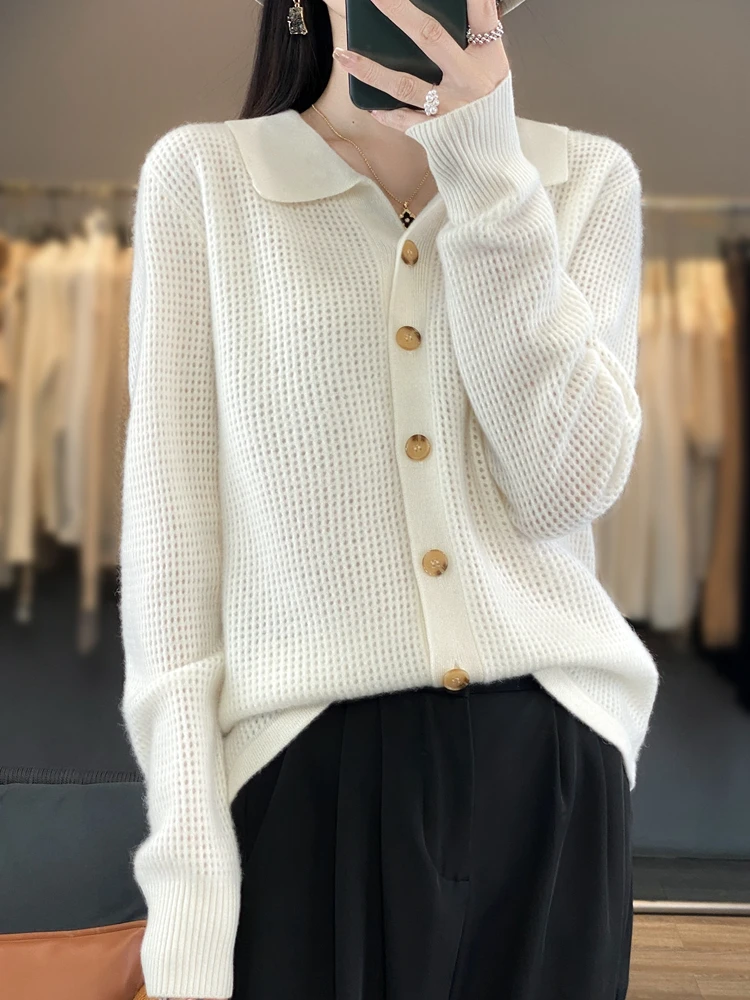 Addonee Women\'s Autumn Clothing Turn-down Collar Cardigan Sweater 100% Merino Wool Hollow Blouse Cashmere Knitwear Korean Style