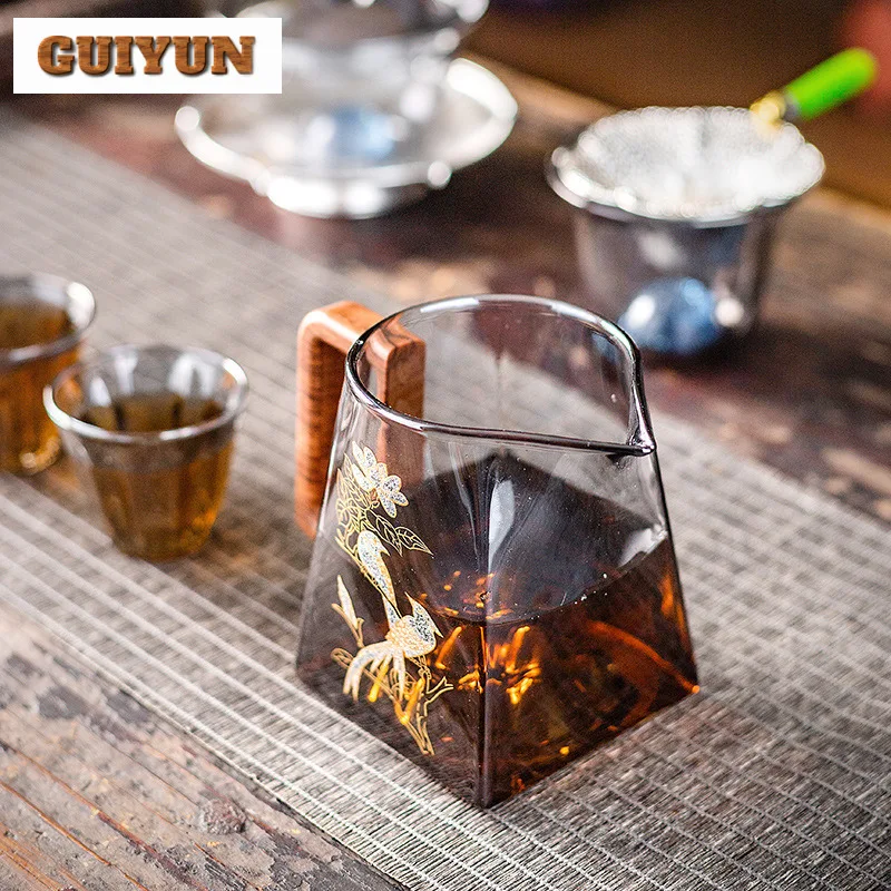High End Flower And Bird Glass Fair Cup With Handle Heat Resistant Tea Dispenser Tea Brewing Kettle Tea Pitcher Teaset Drinkware