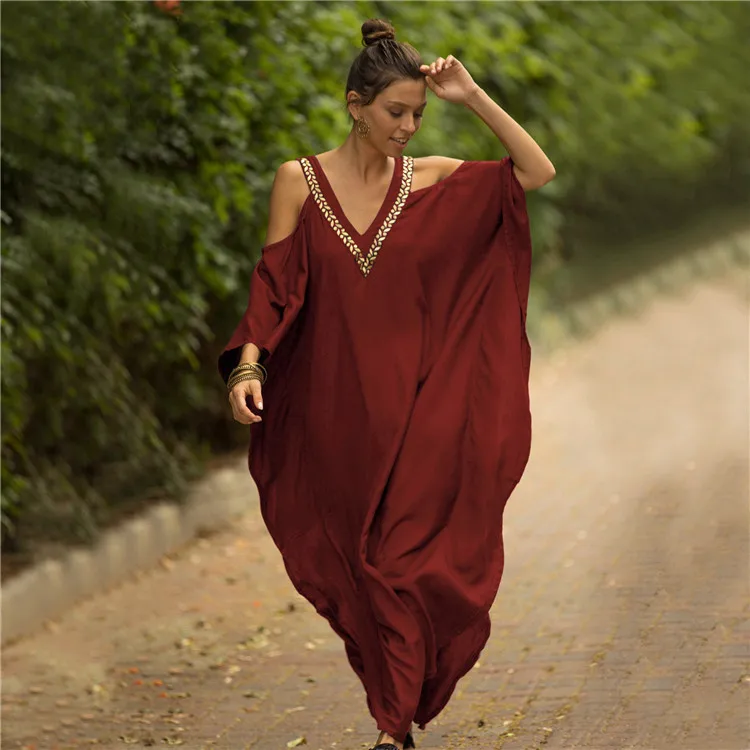 V-neck Embroidered Beach Dress Off-shoulder Loose Sunscreen Shirt Dress Women Seaside Holiday 2023 Spring Summer New Style