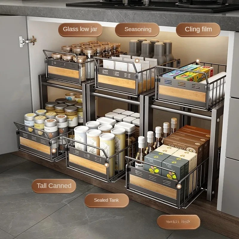 Layered Sink Storage Rack Kitchen Condiment Organizer Pull Basket Shelf Sink Cabinet Storage Efficient Under-Sink