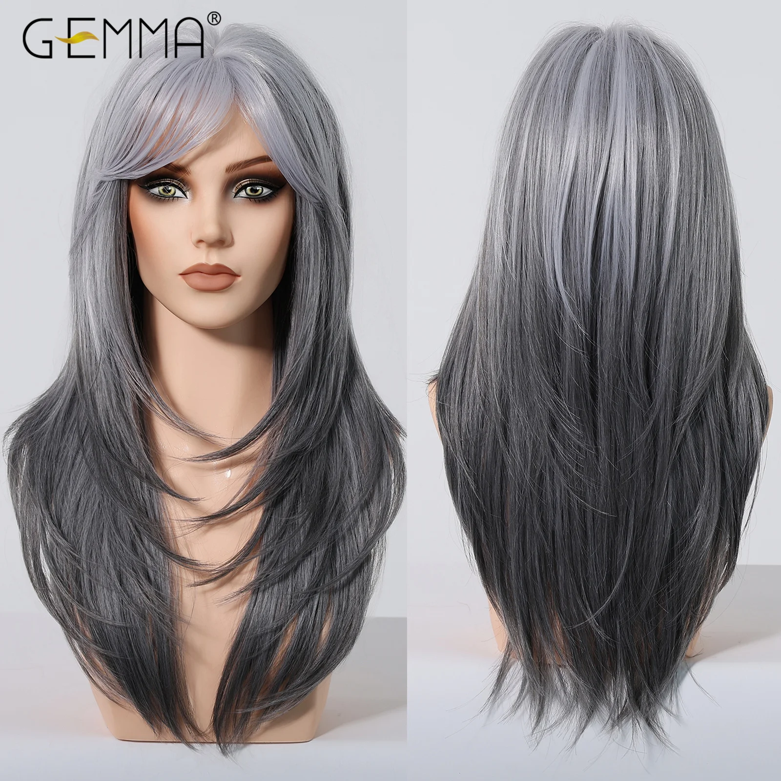 

Synthetic Blonde Gray Long Straight Layered Wig with Bangs Natural Hair Cosplay Party Use Wigs for Women Heat Resistant Fibre