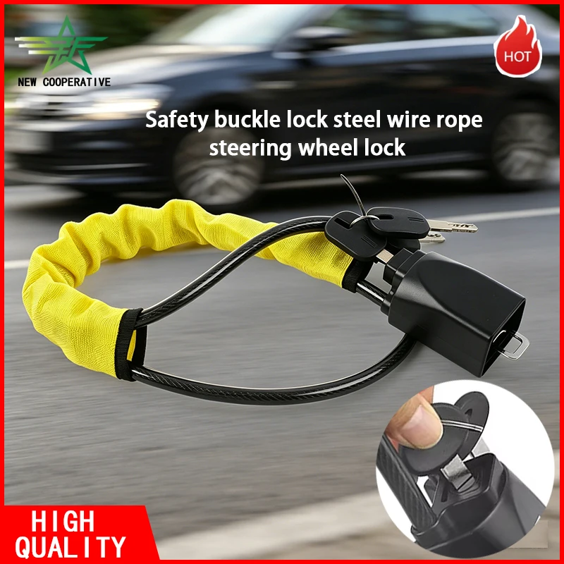 Car Steering Wheel Lock Heavy Duty Steel Wire Rope Anti-Theft Seat Buckle Lock with 2 Keys Universal